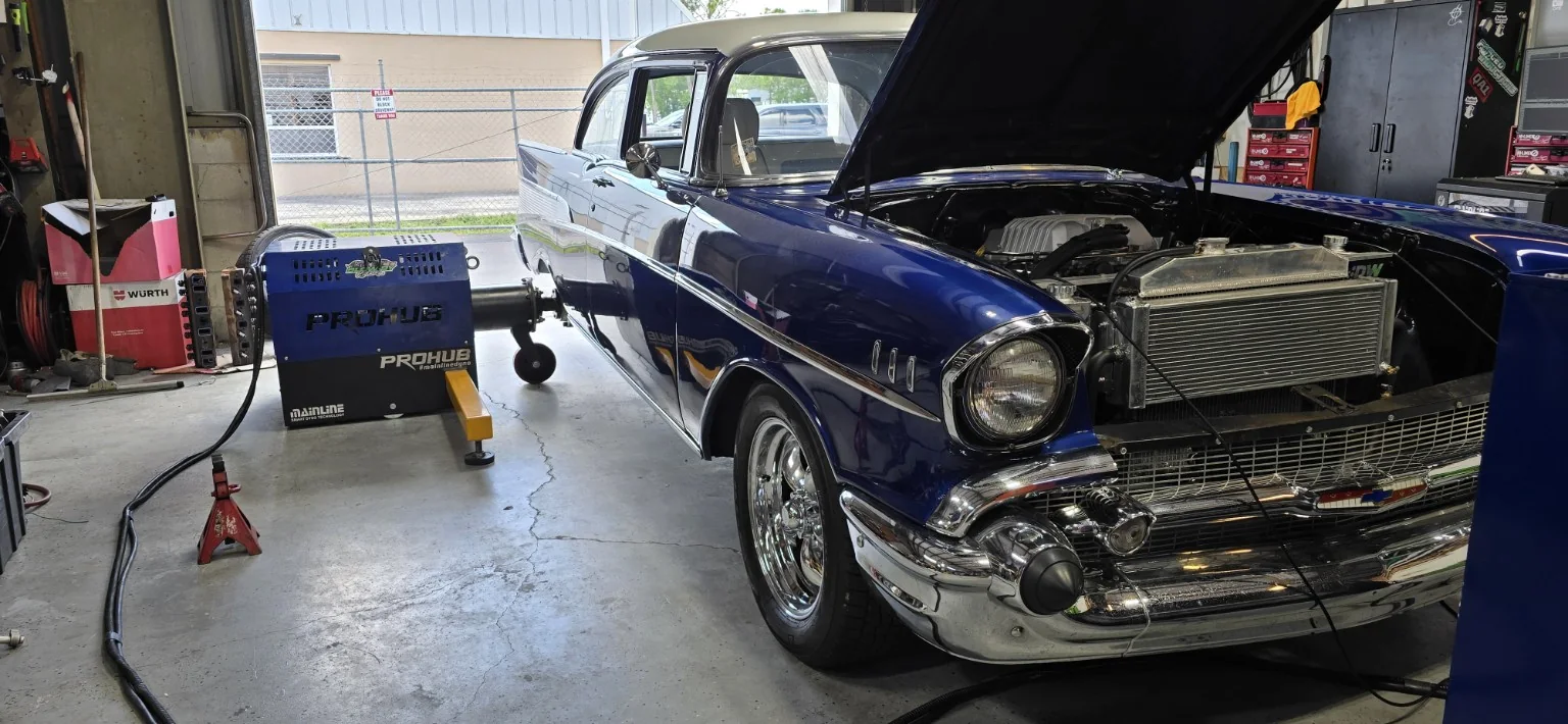 1957 Chevrolet on a hub dynamometer during calibration work